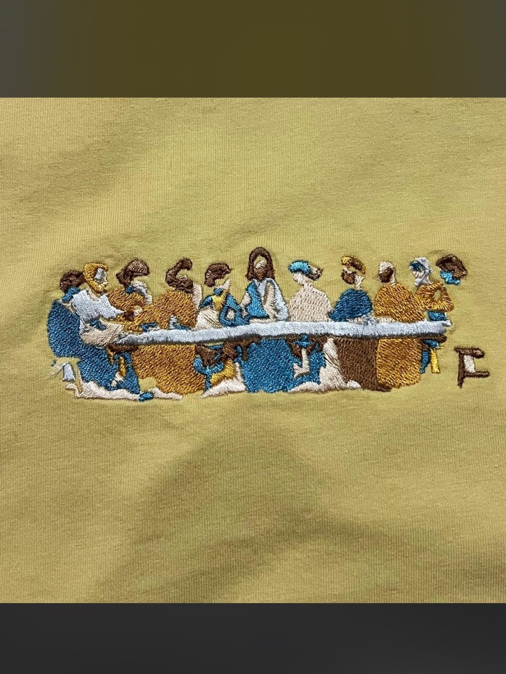 Embroidered Yellow Table Runner with Classic Dinner Scene